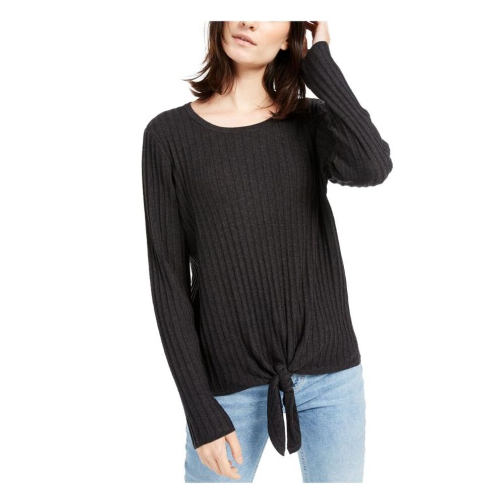 INC Womens Gray Tie Pinstripe Long Sleeve Jewel Neck T-Shirt Size: XS - Picture 1 of 4